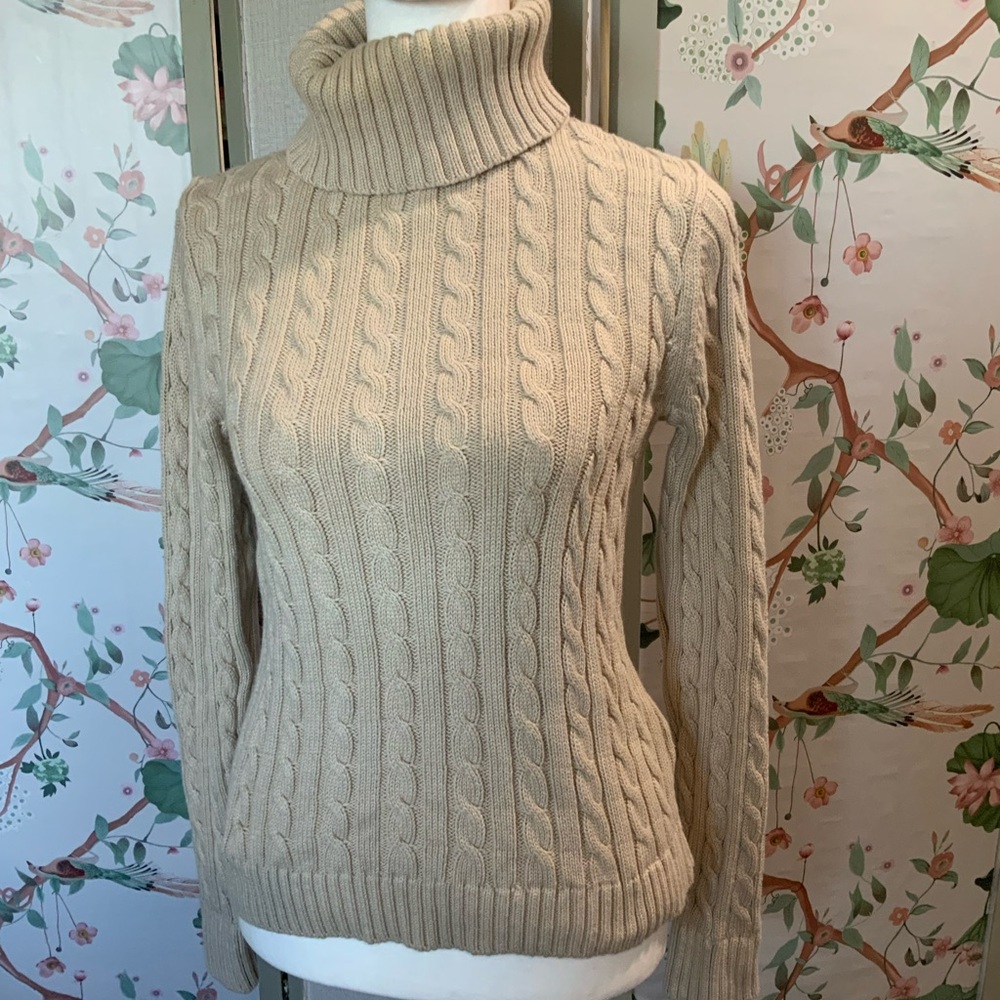 L.L. Bean Beige Cable Knit Turtleneck Sweater